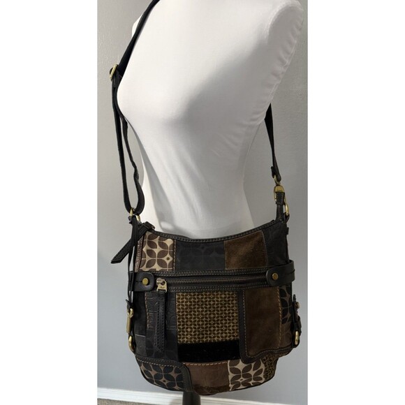 FOSSIL Patchwork Shoulder Handbag Canvas Leather Strap Bohemian Handbag EUC - Picture 1 of 11